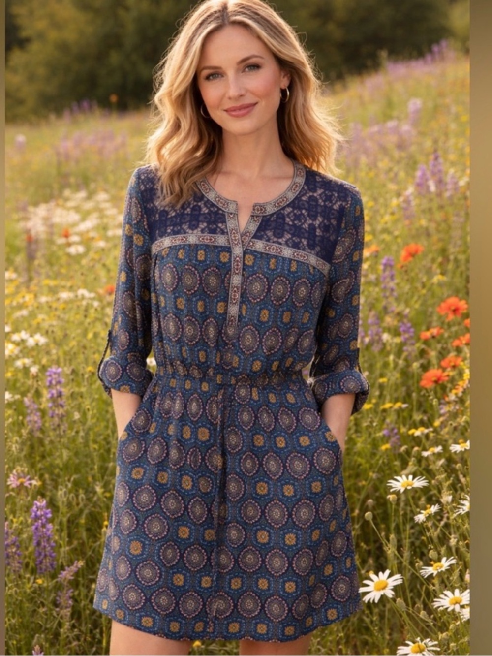 Daniel Rainn Navy Medallion Print Long Sleeve Dress with Lace Yoke